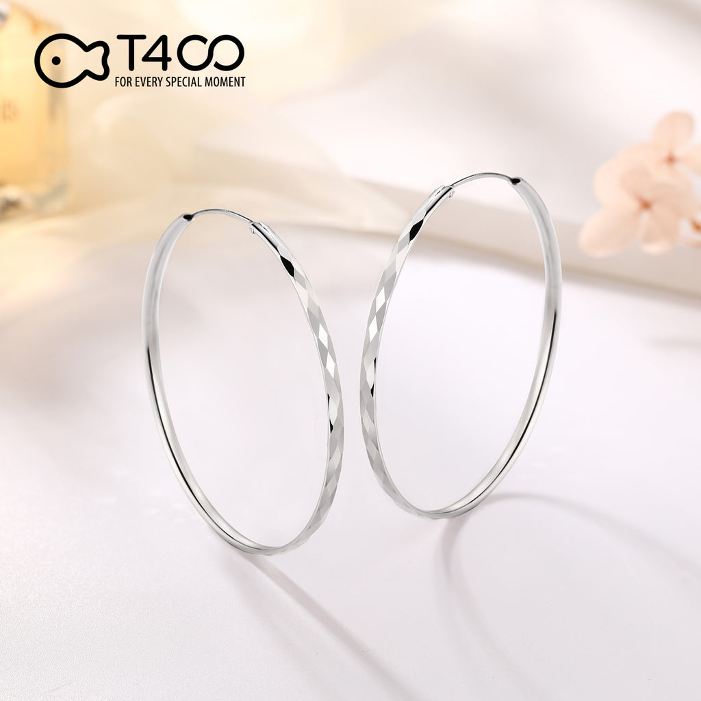 T400 3 mm Thick Mix Cut 925 Sterling Silver Hoop Earrings Large and Sm