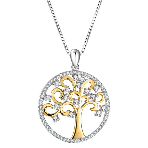 T400 Tree of Life Golden Cubic Zirconia Golden CZ Pendant Necklace Family Gift for Women Mom