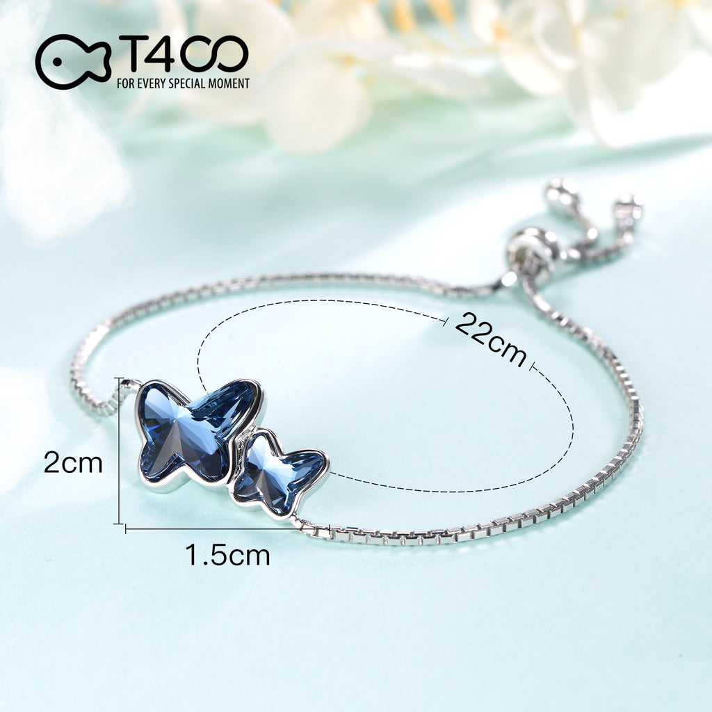 T400 925 Sterling Silver Blue Butterfly Crystal Link Bolo Adjustable B