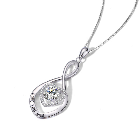 T400 925 Sterling Silver Love You Mom Cubic Zirconia Pendant Necklace Birthday Gift for Mother Women